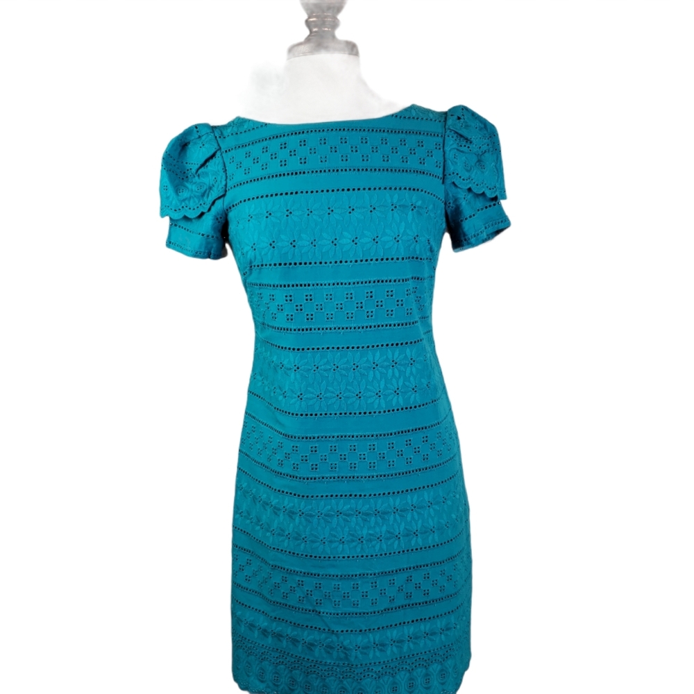 New Direction Women's Sheath Zippered Eyelet Lace Dress sz 4 lined Teal career